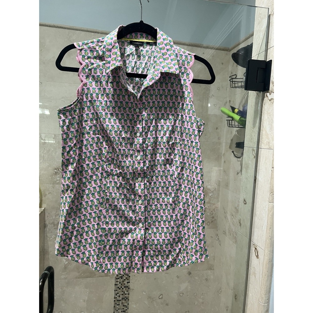 Talbots Pink Pineapple Scallop Sleeveless Button Down Blouse Womens 4 Preppy